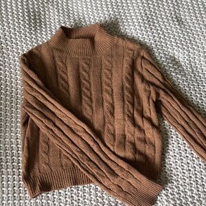 Pink Rose Cable Knit Turtleneck Sweater in Warm Brown